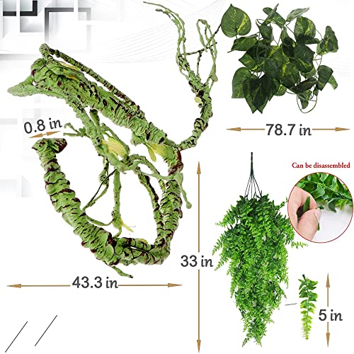 Hamiledyi Reptile Plants Bendable Jungle Climbing Vine Terrarium Branch Flexible Plastic Leaves Hanging Pet Habitat Decoration for Bearded Dragon Lizard Gecko Frog Snake Tank Accessories Decor