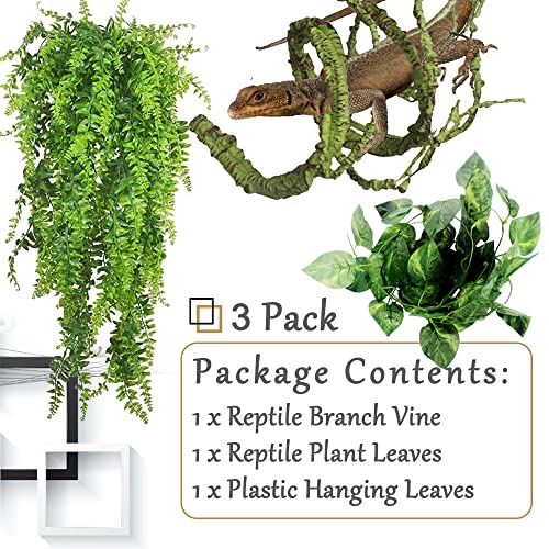 Hamiledyi Reptile Plants Bendable Jungle Climbing Vine Terrarium Branch Flexible Plastic Leaves Hanging Pet Habitat Decoration for Bearded Dragon Lizard Gecko Frog Snake Tank Accessories Decor