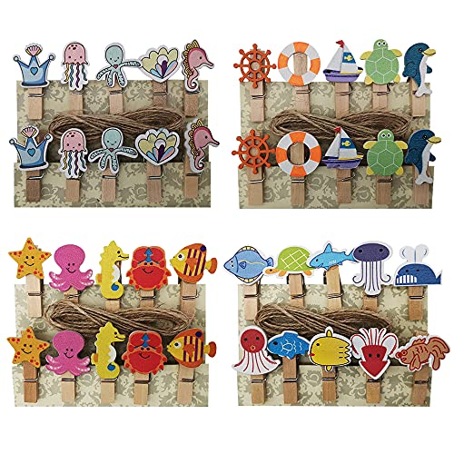 SaktopDeco 40 Counts Mini Ocean Nautical Wooden Clothespins with Jute Twine Small Sea Wood Decorative Clips for Pictures Memo Card Photo