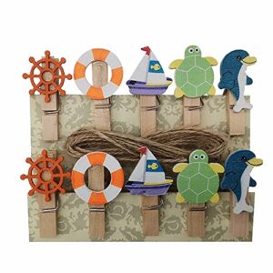 SaktopDeco 40 Counts Mini Ocean Nautical Wooden Clothespins with Jute Twine Small Sea Wood Decorative Clips for Pictures Memo Card Photo