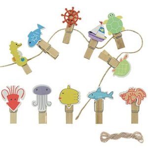 SaktopDeco 40 Counts Mini Ocean Nautical Wooden Clothespins with Jute Twine Small Sea Wood Decorative Clips for Pictures Memo Card Photo