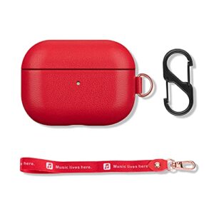 fooyin leather case for airpods pro, portable airpods pro case with keychain and strap, cover with protective microfiber lining design - red