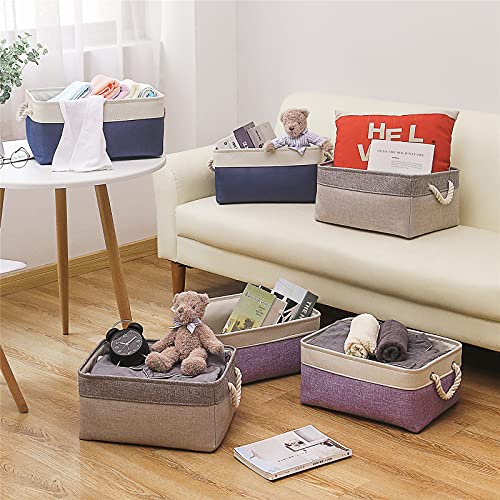 Vissin Large Storage Baskets, Foldable blue Basket with Cotton Handles, Canvas Fabric Storage Bins for Organizing,Cupboards, Shelves, Clothes, Toys, Towel, (blue+White,1 Pack)