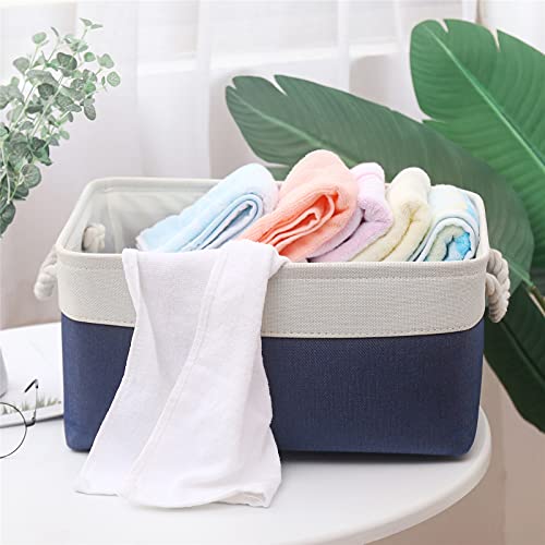 Vissin Large Storage Baskets, Foldable blue Basket with Cotton Handles, Canvas Fabric Storage Bins for Organizing,Cupboards, Shelves, Clothes, Toys, Towel, (blue+White,1 Pack)