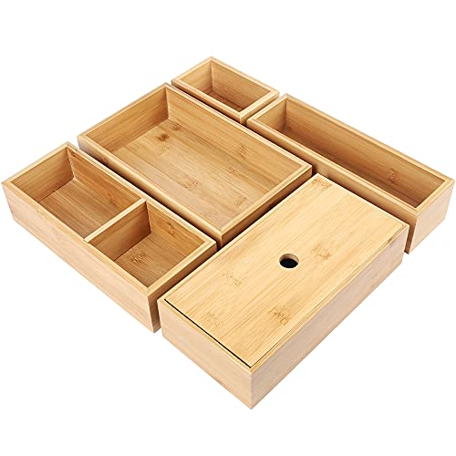 LotFancy 5 Pcs Bamboo Drawer Organizer, Storage Box Set, Utensil Organizer for Kitchen Drawers, Storage Containers for Bathroom, Office Desk, Makeup, Utensils, Junk, Assorted Sizes