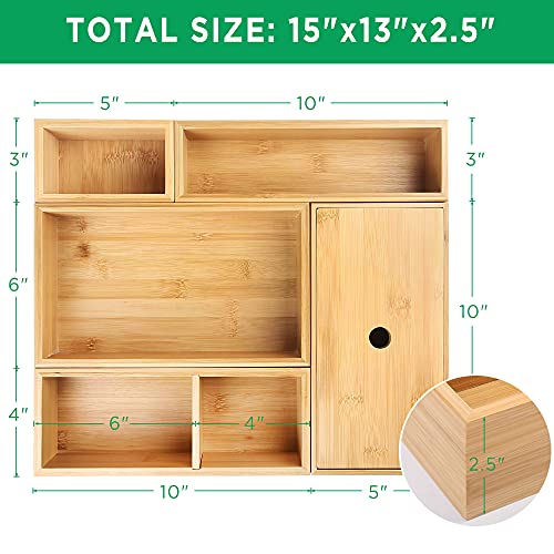 LotFancy 5 Pcs Bamboo Drawer Organizer, Storage Box Set, Utensil Organizer for Kitchen Drawers, Storage Containers for Bathroom, Office Desk, Makeup, Utensils, Junk, Assorted Sizes