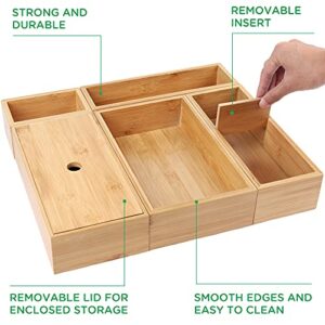 LotFancy 5 Pcs Bamboo Drawer Organizer, Storage Box Set, Utensil Organizer for Kitchen Drawers, Storage Containers for Bathroom, Office Desk, Makeup, Utensils, Junk, Assorted Sizes