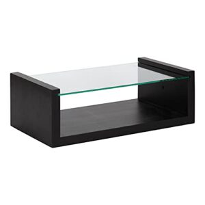 kate and laurel holt modern floating shelf, 18 x 10, black, floating wood shelf with tempered glass top for storage and display