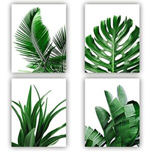 mgahyi botanical wall art prints, tropical leaves art print, tropical plants pictures, 4 pieces plant leaf posters, minimalist green leaf wall decor unframed-8"x10"