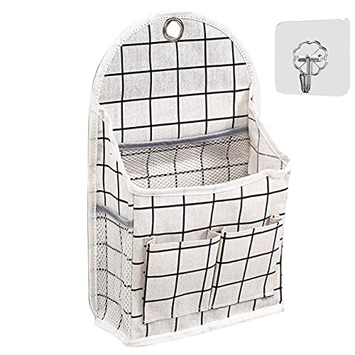 Wall Hanging Storage Bag, Waterproof Over The Door Closet Organizer Hanging Pocket Linen Cotton Organizer Box Containers for Bedroom, Bathroom, Kitchen, Office (Black Grid)