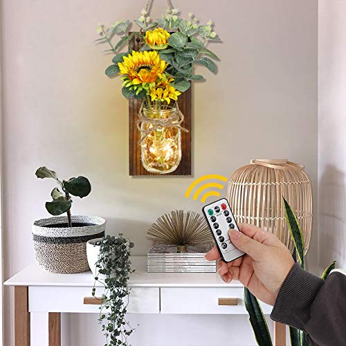 AerWo Sunflower Mason Jar Sconces Wall Decor Set of 2, Upgraded Hanging Sunflower Wall Decor with Remote LED Fairy Lights Rustic Wall Sconces for Farmhouse Kitchen Decorations Wall Home Decor