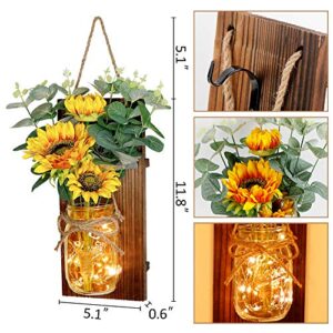 AerWo Sunflower Mason Jar Sconces Wall Decor Set of 2, Upgraded Hanging Sunflower Wall Decor with Remote LED Fairy Lights Rustic Wall Sconces for Farmhouse Kitchen Decorations Wall Home Decor