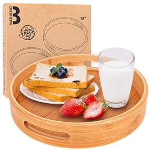 pack of 2 bamboo serving trays with handles, round decorative wooden serve ware 10" & 12", fruit and snacks platter for coffee table, bedroom, rustic teaboard kitchen counter