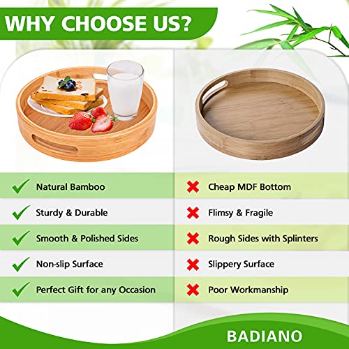 Pack of 2 Bamboo Serving Trays with Handles, Round Decorative Wooden Serve Ware 10" & 12", Fruit and Snacks Platter for Coffee Table, Bedroom, Rustic Teaboard Kitchen Counter