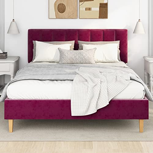 Yegee Full Bed Frame/Velvet Upholstered Platform Beds with Adjustable Headboard/Strong Wooden Slats/Mattress Foundation/Easy Assembly/Wooden Feet/No Box Spring Required(Burgundy, Full)