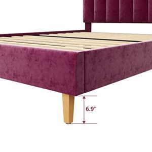 Yegee Full Bed Frame/Velvet Upholstered Platform Beds with Adjustable Headboard/Strong Wooden Slats/Mattress Foundation/Easy Assembly/Wooden Feet/No Box Spring Required(Burgundy, Full)