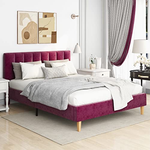 Yegee Full Bed Frame/Velvet Upholstered Platform Beds with Adjustable Headboard/Strong Wooden Slats/Mattress Foundation/Easy Assembly/Wooden Feet/No Box Spring Required(Burgundy, Full)