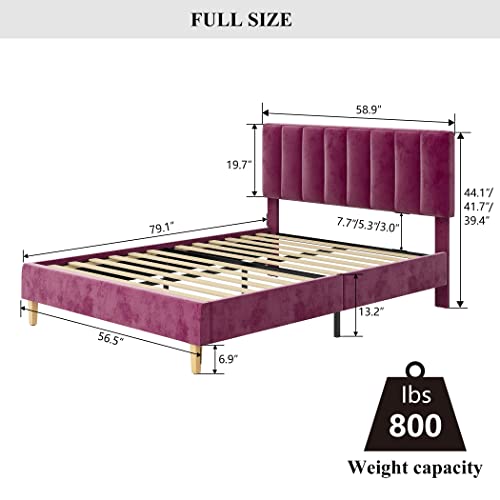 Yegee Full Bed Frame/Velvet Upholstered Platform Beds with Adjustable Headboard/Strong Wooden Slats/Mattress Foundation/Easy Assembly/Wooden Feet/No Box Spring Required(Burgundy, Full)