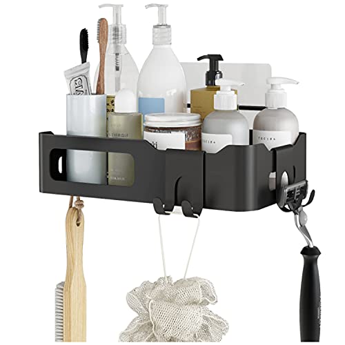 Shower Caddy Stainless Steel Wall-Mounted Storage Rack, with 6 Hooks. Perforation Free, Adhere in Kitchen or Bathroom. Simple Installation, Convenient Use, and Large Capacity.