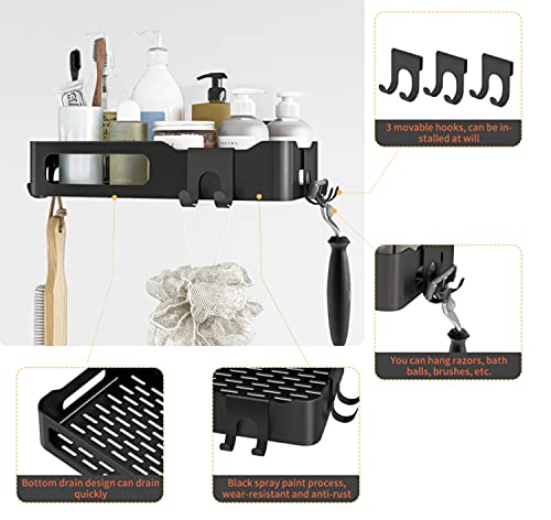 Shower Caddy Stainless Steel Wall-Mounted Storage Rack, with 6 Hooks. Perforation Free, Adhere in Kitchen or Bathroom. Simple Installation, Convenient Use, and Large Capacity.