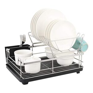 dish drying rack, small dish rack with utensil holder, wine glasses holder, compact dish drainer for kitchen counter cabinet