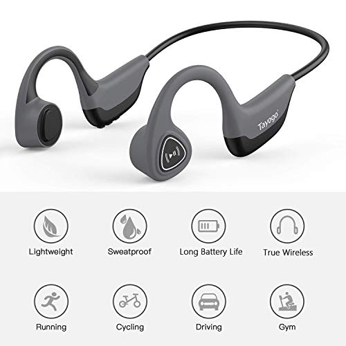 Tayogo Bone Conduction Headphones, Wireless Bluetooth Bone Conducting Earbuds with 8 GB Storage, Open Ear Headset with Mic, for Running, Cycling, Yoga(Can't for Swimming)-Grey