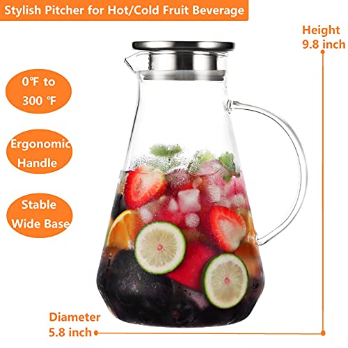 Tbgllmy 2 Liter 68 Ounces Glass Pitcher With Lid, Hot&Cold Water Pitcher With Handle, for Homemade Fruit Beverage, Juice, Iced Tea and Milk