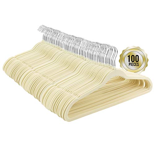 Elama 100 Piece Set of Velvet Slim Profile Heavy Duty Felt Hangers with Stainless Steel Swivel Hooks in Cream