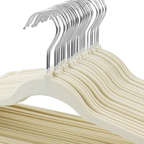 Elama 100 Piece Set of Velvet Slim Profile Heavy Duty Felt Hangers with Stainless Steel Swivel Hooks in Cream