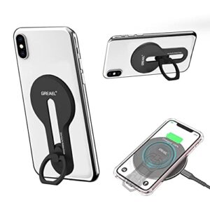 [limited quantity] phone ring holder stand, wireless charging compatible, us patented slim slide finger ring kickstand. slide, flip and rotate 360° with sturdy snap. stand horizontally and vertically
