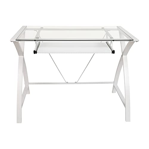 Flash Furniture Clear Tempered Glass Computer Desk with White Pull-Out Keyboard Tray and White Crisscross Frame