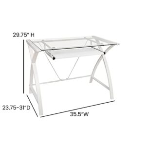 Flash Furniture Clear Tempered Glass Computer Desk with White Pull-Out Keyboard Tray and White Crisscross Frame