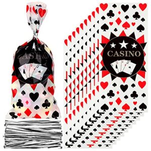 100 pieces casino themed cellophane bags poker party treat bags las vegas party plastic candy bags with 150 pieces silver twist ties for chocolate candy snacks cookies casino themed party supplies