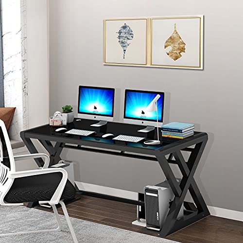 URRED Computer Desk Glass Top - Metal Frame Desk Table for Computer Desk Gaming Modern Study Office Work Writing Desks Table for Home Office Small Black (Z-55.1 inch)