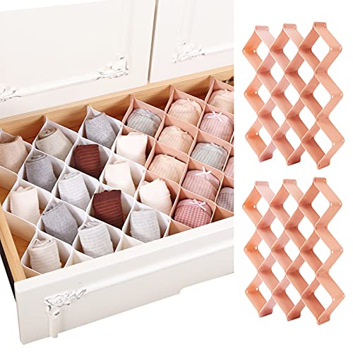 Honeycomb Drawer Organizer for Underwear, Roufa Drawer Divider Separator for Women Men, Dresser Drawer Organizers for Belts, Ties, Clothing, Makeup, Medicine, Office Supplies (2 Sets of Pink, 46 Slots)