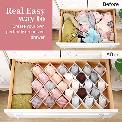 Honeycomb Drawer Organizer for Underwear, Roufa Drawer Divider Separator for Women Men, Dresser Drawer Organizers for Belts, Ties, Clothing, Makeup, Medicine, Office Supplies (2 Sets of Pink, 46 Slots)