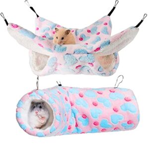 eismc2 2 pieces small pet cage hammock hanging tunnel for small animals hanging bed cage guinea hammock cage accessories for ferret rat chincilla hammock sleeper cage accessories set (pink)