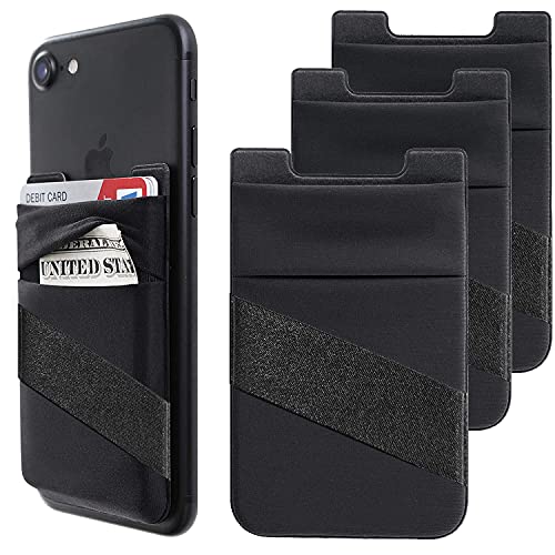 Phone Card Holder, Phone Wallet Stick On with Finger Strap Stretchy Card Holder for Back of Phone Credit Card Holder for Phone Case Compatible with Most of Cell Phone (iPhone, Samsung) - 3Pack Black