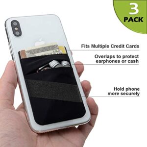 Phone Card Holder, Phone Wallet Stick On with Finger Strap Stretchy Card Holder for Back of Phone Credit Card Holder for Phone Case Compatible with Most of Cell Phone (iPhone, Samsung) - 3Pack Black