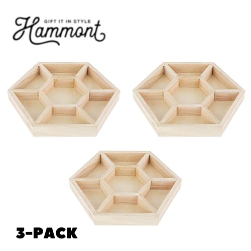 Hammont Hexagon Sectional Wooden Trays - 3 Pack - 8.5”x8.5”x1” - Eco Friendly Decorative Wooden Tray for Dry Fruits & Candies | Organic Wooden Tray for Gift & Home Décor