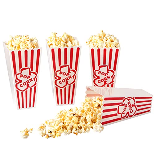 Plastic Popcorn Containers Red & White Striped Retro Style Reusable Popcorn Boxes for Movie Night 4”x8” (4 Pack)