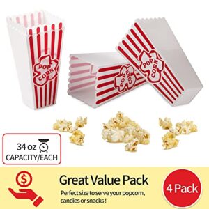 Plastic Popcorn Containers Red & White Striped Retro Style Reusable Popcorn Boxes for Movie Night 4”x8” (4 Pack)