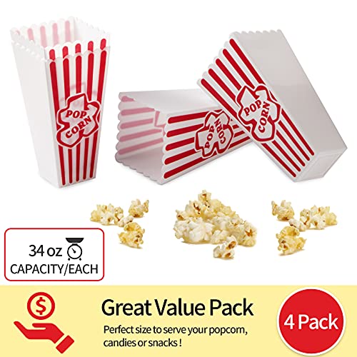 Plastic Popcorn Containers Red & White Striped Retro Style Reusable Popcorn Boxes for Movie Night 4”x8” (4 Pack)