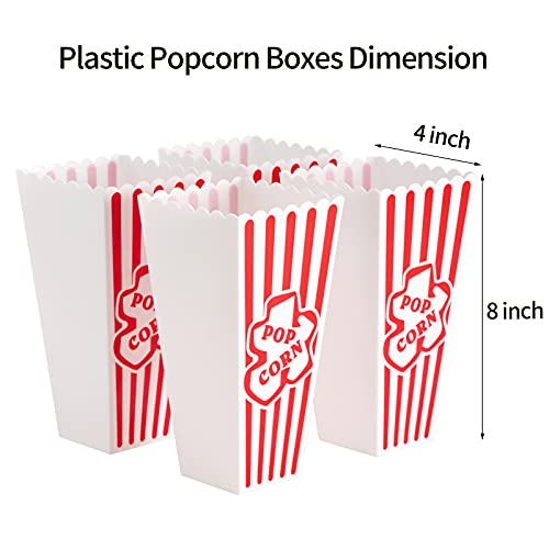 Plastic Popcorn Containers Red & White Striped Retro Style Reusable Popcorn Boxes for Movie Night 4”x8” (4 Pack)