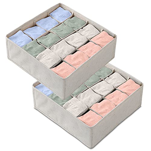 RTT Underwear And Sock Organizer - Foldable 16-Cell Closet Underwear Organizer Drawer Divider - Easy To Assemble Undergarment Organizer Lingerie Organizer Bra Organizer For Closet - Off-White, 2 Pieces