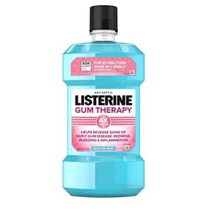 listerine gum therapy antiplaque & anti-gingivitis mouthwash, antiseptic oral rinse to help reverse signs of early gingivitis like bleeding gums, with menthol & thymol, glacier mint, 1 l pack of 2