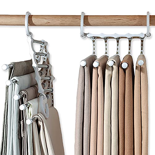 JEWYOCO 2 PCS Space Saving Pants Hangers Non-Slip Clothes Organizer 5 Layered Pants Rack for Scarf Jeans Trousers White