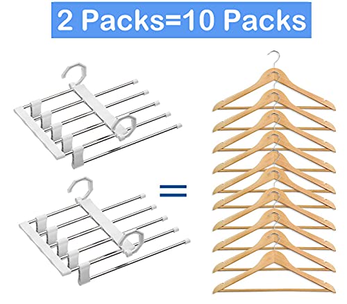 JEWYOCO 2 PCS Space Saving Pants Hangers Non-Slip Clothes Organizer 5 Layered Pants Rack for Scarf Jeans Trousers White