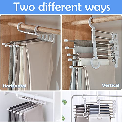 JEWYOCO 2 PCS Space Saving Pants Hangers Non-Slip Clothes Organizer 5 Layered Pants Rack for Scarf Jeans Trousers White