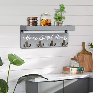 buways Wall-Mounted Key and Mail Holder, Wooden Key Rack with 4 Double Key Hooks, Rustic Home Decor for Entryway(Gray)